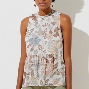 LOFT Floral Peplum Blouse XL | Sleeveless Ruffle Neck Tie Back Top Boho